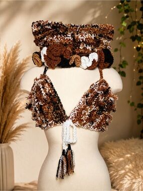 Handmade crochet halter top and matching hat set in earthy tones